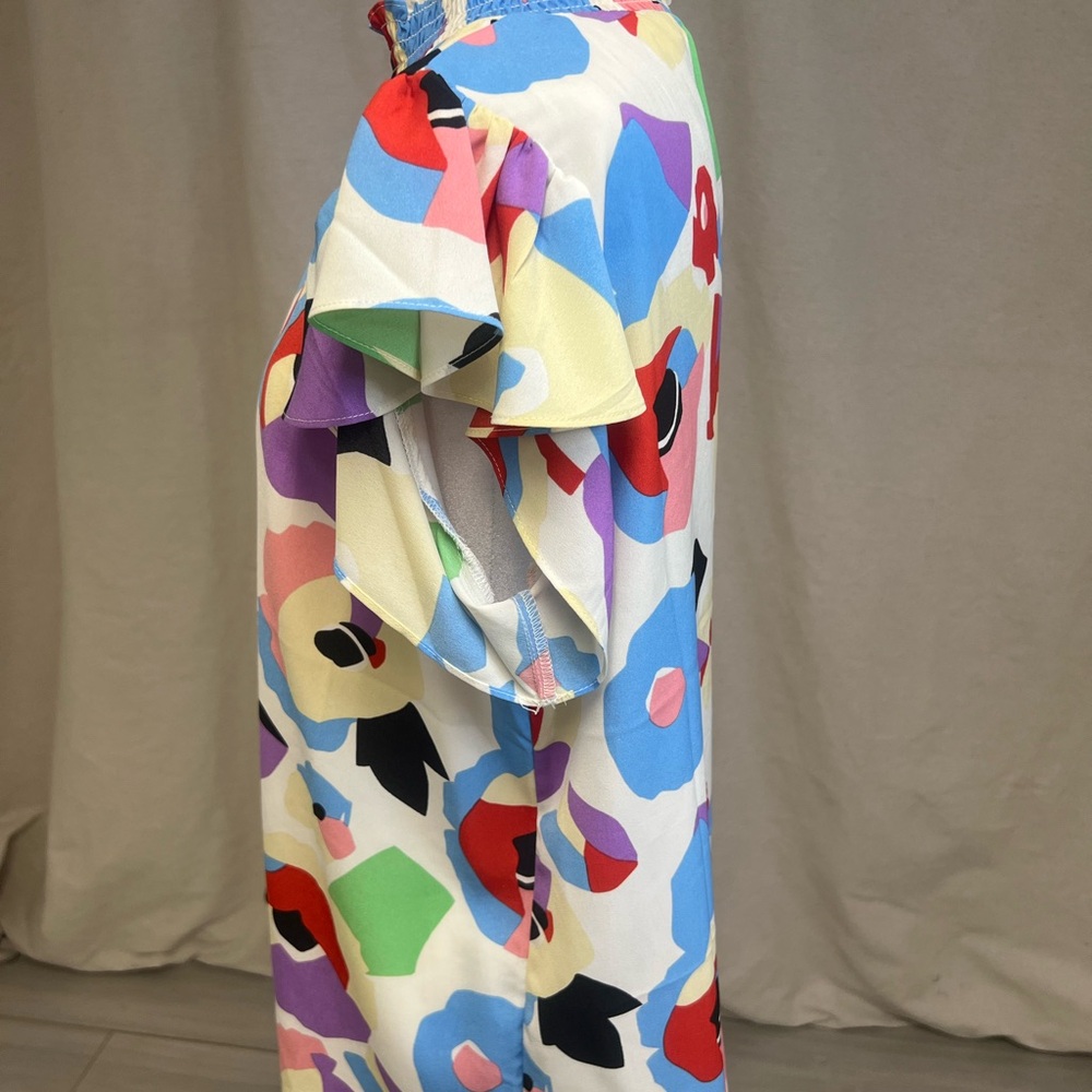 THML Colorful Smocked Mock Neck Ruffled Cap Abstract Print Blouse Sz M - Picture 6 of 9